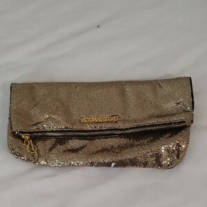 Victoria's Secret Sparkling Gold Wristlet Cosmetic Zippered Bag With Mirror 9x12